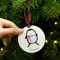 Personalised Penguin With Skis Christmas Tree Decoration / Place Setting