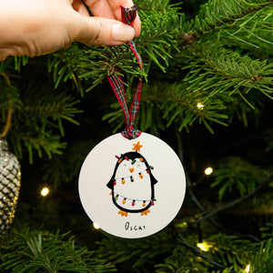 Personalised Penguin With Fairy Lights Christmas Tree Decoration / Place Setting