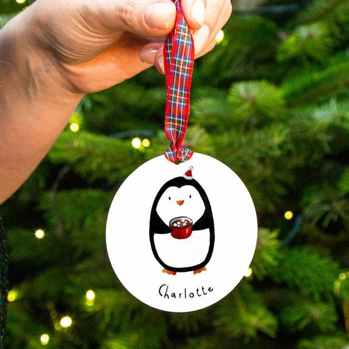 Personalised Penguin With Hot Chocolate Christmas Tree Decoration / Place Setting