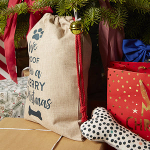 We woof you a merry Christmas' dog Christmas sack