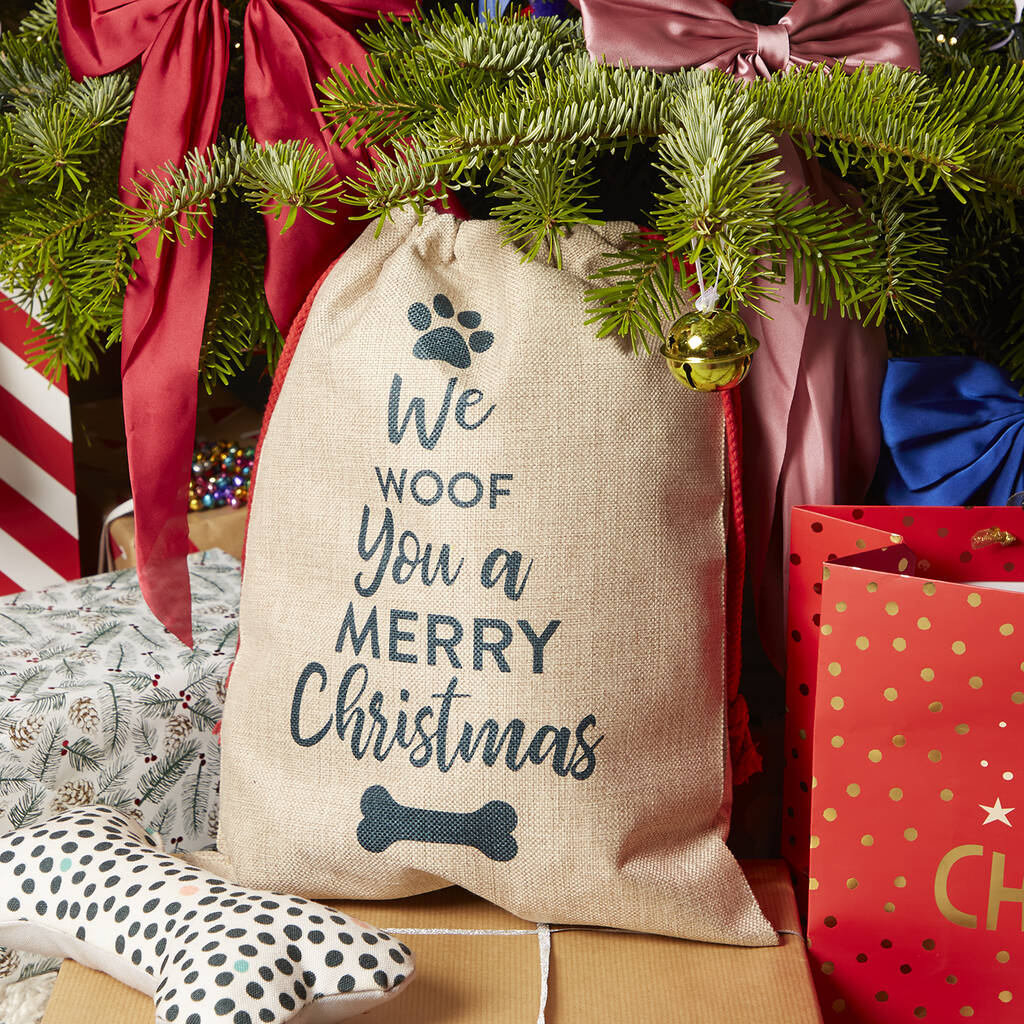 We woof you a merry Christmas dog Christmas sack
